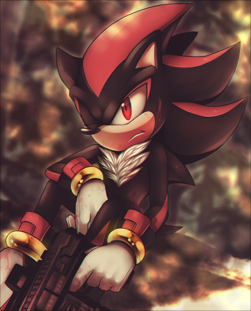 1boy ami-dark animal_ears animal_nose artist_name black_fur blood blood_on_face blurry blurry_background body_fur boots bracelet brown_background closed_mouth english_commentary furry furry_male gloves gold_bracelet gun hedgehog hedgehog_ears hedgehog_tail highres holding holding_gun holding_weapon jewelry looking_to_the_side male_focus one_eye_closed red_eyes red_fur shadow_the_hedgehog sitting solo sonic_(series) tail two-tone_fur weapon white_footwear white_gloves