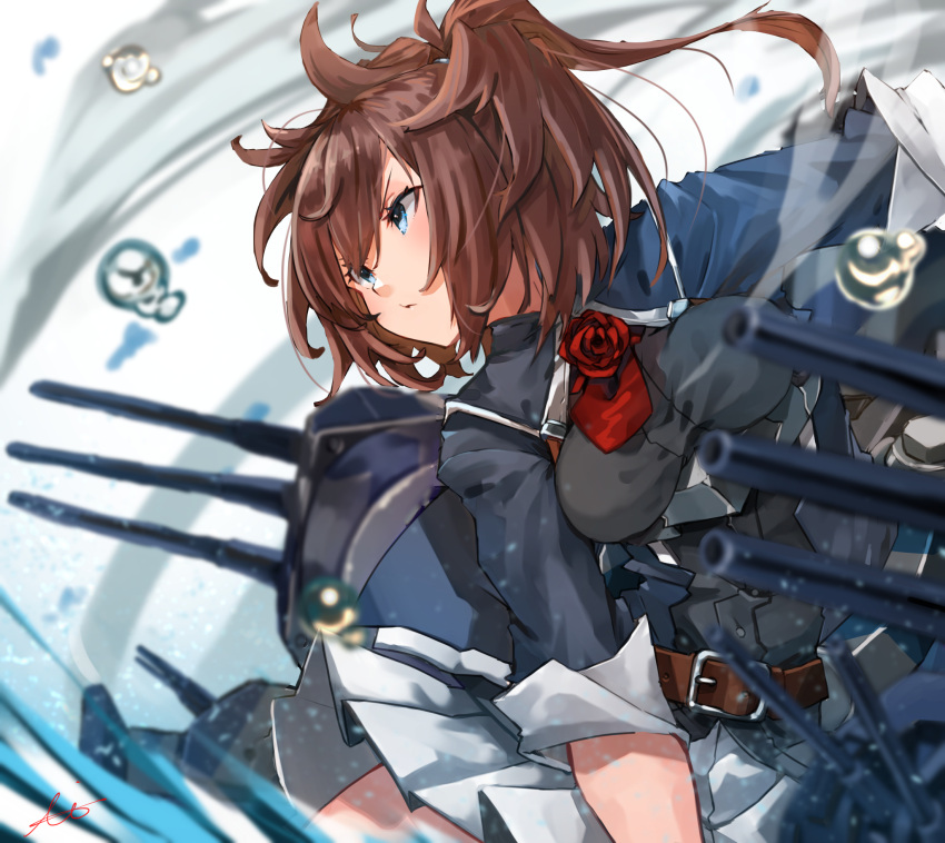 1girl belt blue_dress blue_eyes breasts brown_belt brown_hair dress flower flower_on_breast grey_skirt highres kantai_collection looking_away medium_breasts miniskirt ponytail red_flower red_rose rose sheffield_(kancolle) short_sleeves skirt solo sunday_aki turret