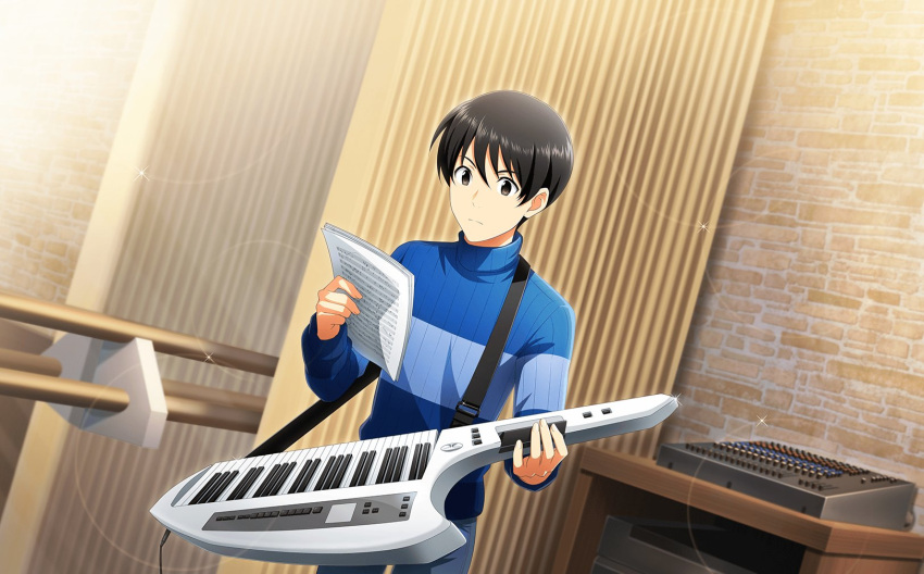 1boy black_eyes black_hair blue_sweater fingernails fuyumi_jun highres holding holding_instrument holding_paper idolmaster idolmaster_side-m idolmaster_side-m_live_on_stage! instrument keytar long_sleeves male_focus musical_note official_art paper solo sweater