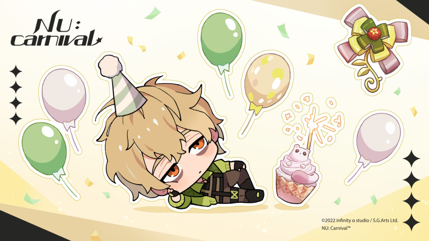 1boy bags_under_eyes balloon birthday_cake blonde_hair cake chibi confetti food foodification hat highres long_sleeves lying male_focus nu_carnival official_art on_side orange_eyes party_hat quincy_(nu_carnival) short_hair topper_(nu_carnival)
