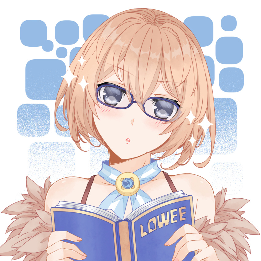 1girl bare_shoulders blanc_(neptune_series) blue_eyes blush book brown_hair clip_studio_paint_(medium) coat commentary_request facing_viewer fur-trimmed_coat fur_trim glasses hair_between_eyes hands_up highres holding holding_book neptune_(series) open_mouth reading short_hair solo spaghetti_strap sparkle tsukaze upper_body