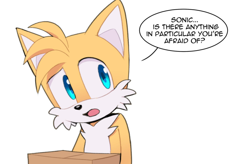 1boy animal_ears animal_nose blue_eyes box english_commentary english_text fox_boy fox_ears furry furry_male highres holding holding_box looking_to_the_side male_focus no_tail open_mouth simple_background solo sonic_(series) speech_bubble standing tails_(sonic) tongue toonsite white_background yellow_fur