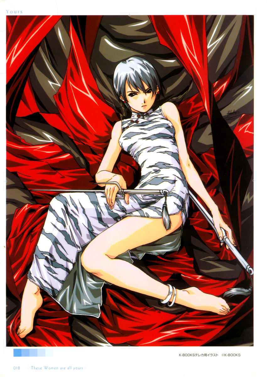 anklet barefoot china_dress chinadress chinese_clothes highres horibe_hiderou jewelry short_hair silver_hair