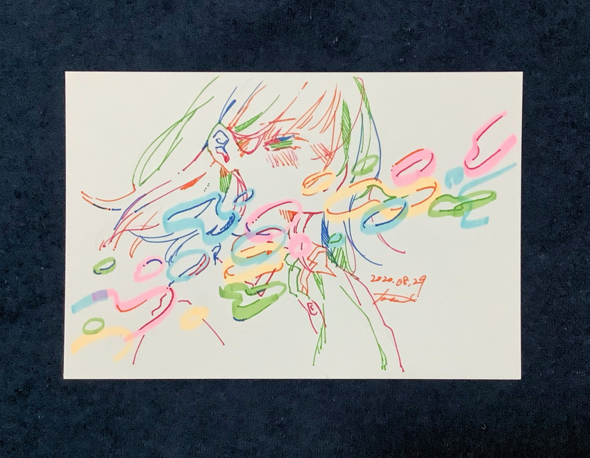 1girl absurdres bangs bubble collared_shirt colorful dated floating_hair hair_over_one_eye highres long_hair marker_(medium) one_eye_covered original pen_(medium) shirt signature simple_background solo traditional_media upper_body watanabe_tomari white_background