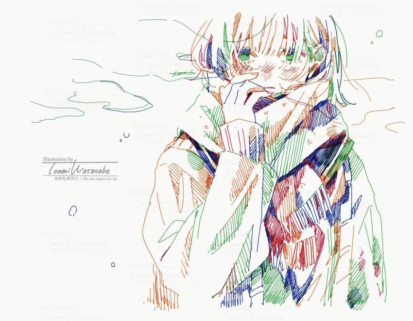 1girl artist_name bangs colorful commentary_request enpera hand_up hatching_(texture) highres long_bangs long_sleeves looking_at_viewer original parted_lips pen_(medium) scarf short_hair signature simple_background solo straight-on traditional_media upper_body watanabe_tomari watermark white_background