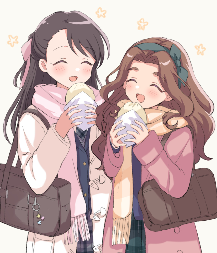 2girls :d absurdres bag black_hair black_skirt blue_shirt blush bow brown_hair closed_eyes coat eating facing_viewer food_request green_bow green_skirt handbag highres idolmaster idolmaster_cinderella_girls kahiika kurihara_nene kusakabe_wakaba long_sleeves multiple_girls pink_bow pink_coat pink_scarf plaid plaid_skirt scarf shirt simple_background skirt smile vest wavy_hair white_coat