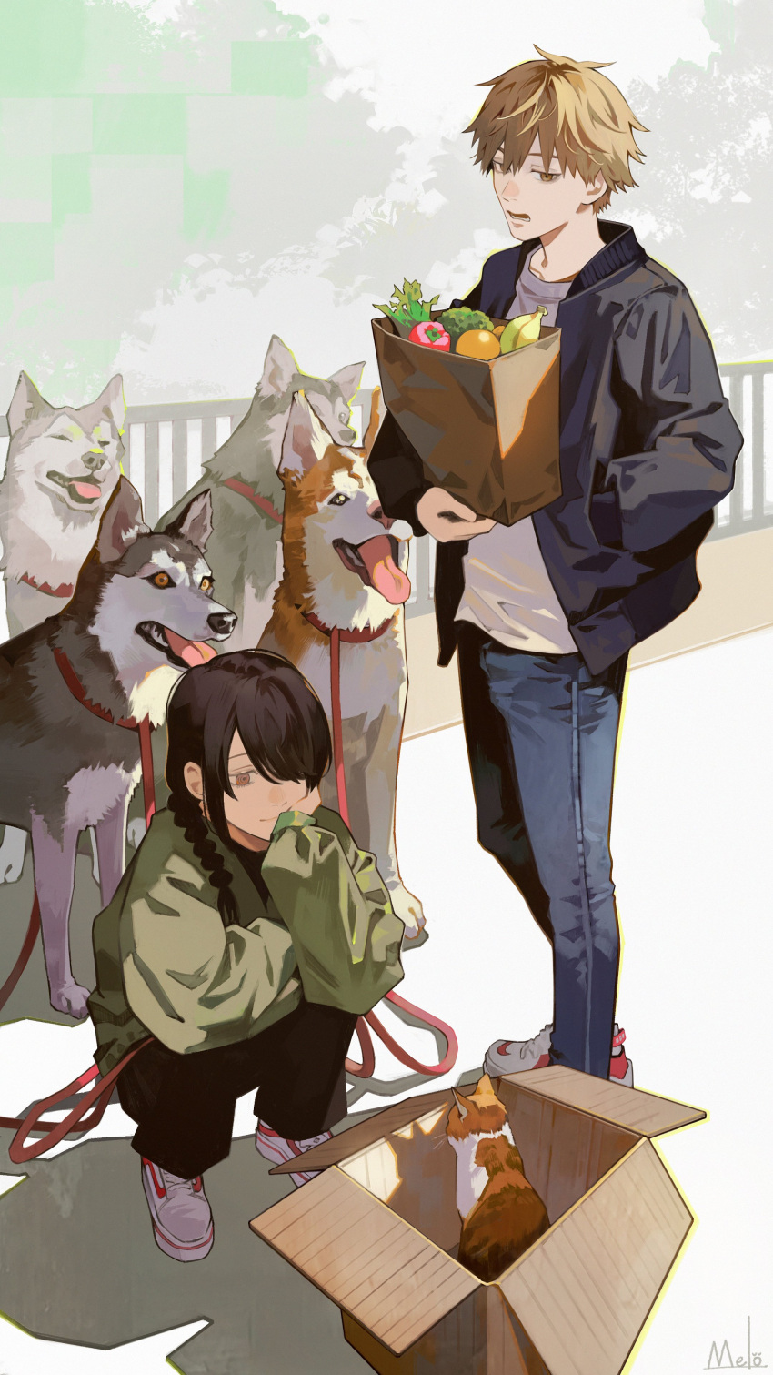 1boy 1girl absurdres bag bangs black_jacket box braid braided_ponytail cardboard_box cat chainsaw_man denji_(chainsaw_man) dog green_sweater grocery_bag hair_over_one_eye hair_over_shoulder hand_in_pocket hand_on_own_face highres husky jacket kyuuba_melo leash leash_belt looking_at_another looking_at_object looking_to_the_side medium_hair nayuta_(chainsaw_man) ringed_eyes shirt shopping_bag short_hair squatting sweater white_shirt yellow_eyes