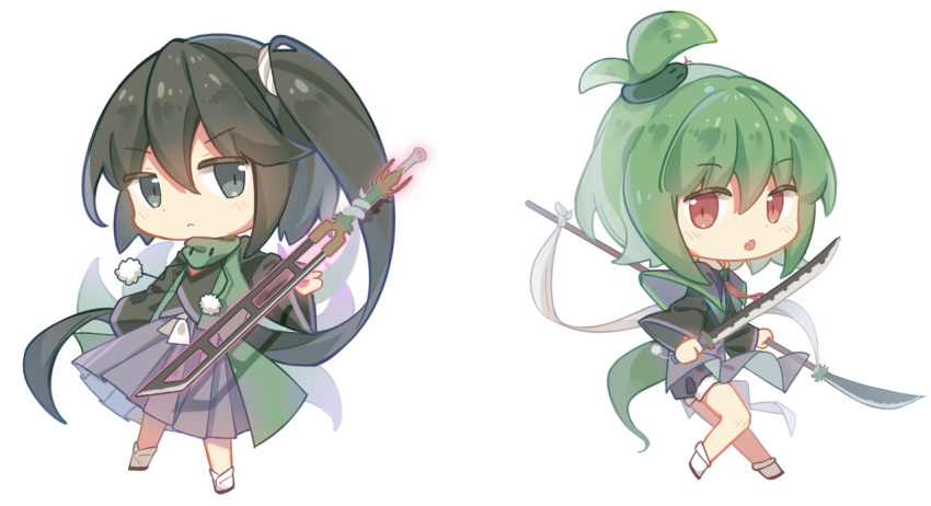 2others adagumo_no_saragimaru adagumo_no_yaorochi androgynous black_eyes black_hair black_shirt capelet chibi chinese_commentary closed_mouth commentary_request fang green_hair green_scarf hakama hakama_skirt holding holding_polearm holding_sword holding_weapon japanese_clothes jian_xing_zao len'en light_frown long_hair long_sleeves multiple_others open_mouth other_focus polearm purple_capelet purple_shorts red_eyes scarf shirt shorts siblings side_ponytail simple_background skin_fang skirt sword tasouken weapon white_background