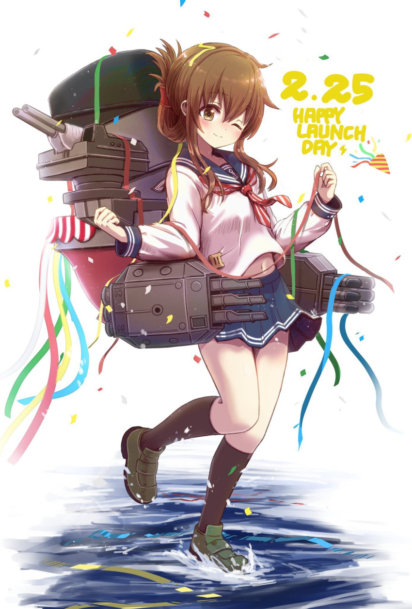 1girl anchor_symbol black_socks brown_eyes brown_hair cannon closed_mouth folded_ponytail full_body highres inazuma_(kancolle) kantai_collection kneehighs long_hair long_sleeves neckerchief one_eye_closed red_neckerchief rigging school_uniform serafuku shirt smokestack socks solo torpedo_tubes turret unagiman white_shirt