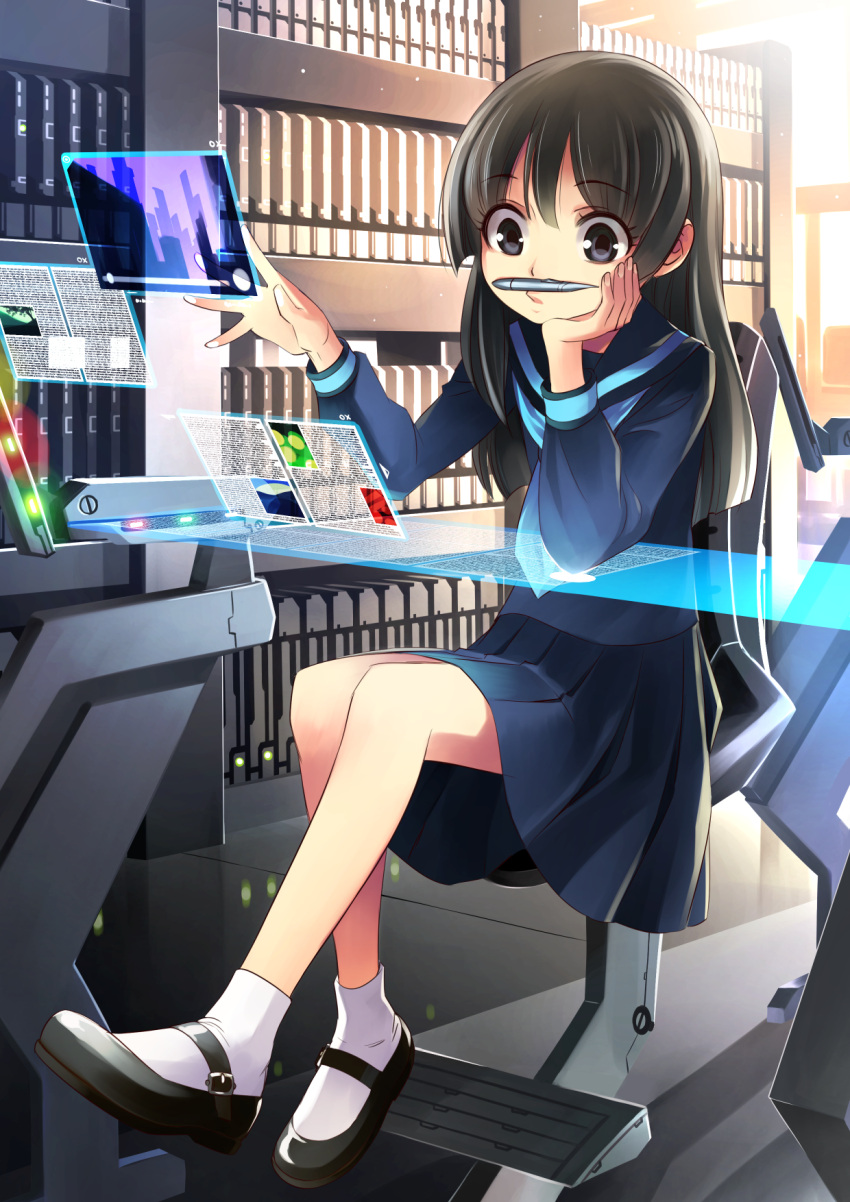 1girl black_eyes black_hair blue_serafuku borrowed_character chair commission full_body hand_on_own_chin head_rest highres holographic_interface kriss_sison library long_hair long_sleeves original pen pencil_mustache pleated_skirt school_uniform science_fiction serafuku shelf shoes sitting skirt socks solo table