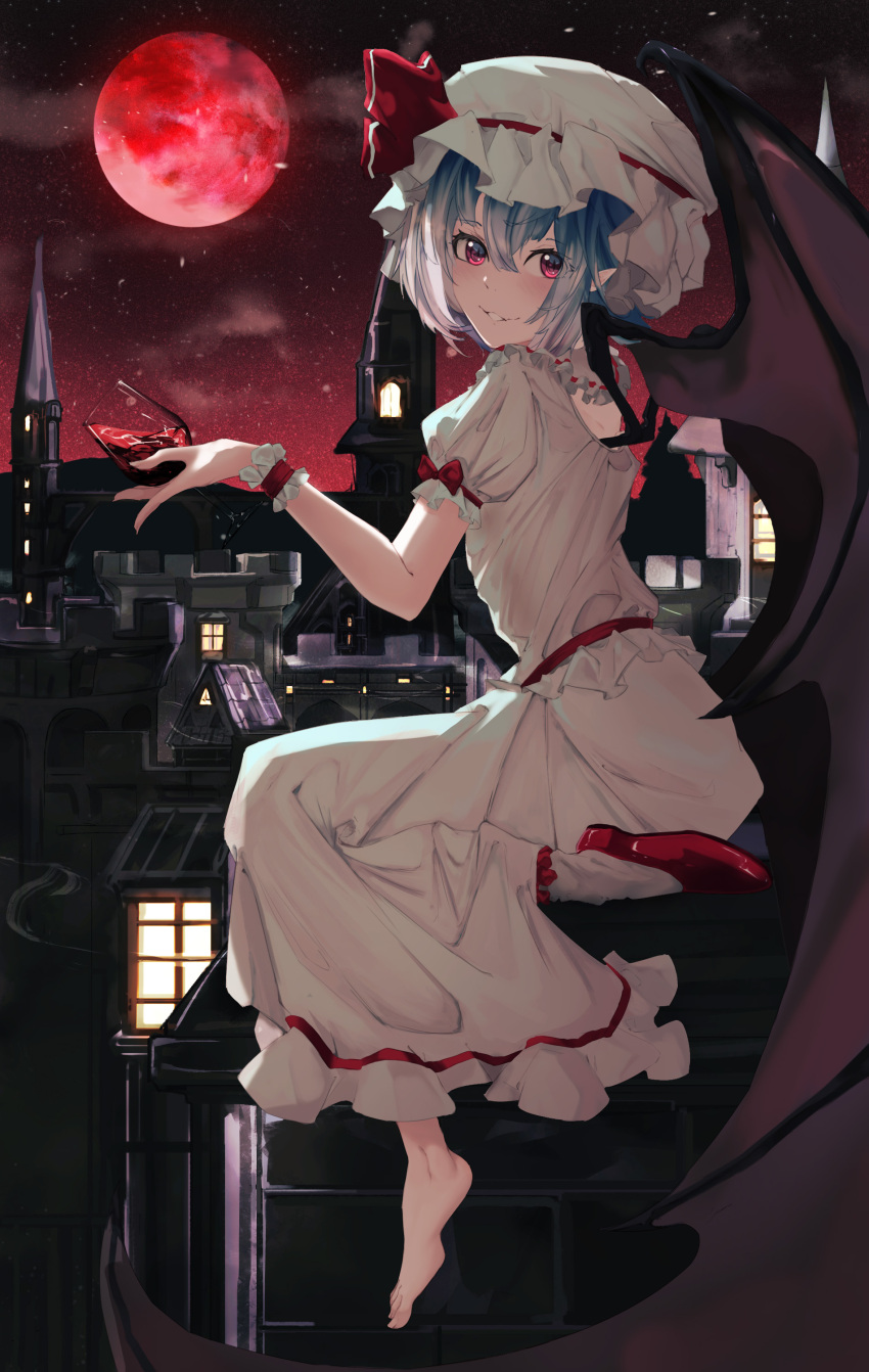 1girl absurdres barefoot bat_wings blue_hair blush bow ceeds clouds commentary cup drinking_glass full_body full_moon hair_between_eyes hand_up hat hat_ribbon highres holding holding_cup looking_at_viewer looking_to_the_side mob_cap moon night night_sky on_roof parted_lips pointy_ears puffy_short_sleeves puffy_sleeves red_bow red_eyes red_footwear red_moon red_ribbon remilia_scarlet ribbon shirt shoes short_hair short_sleeves single_shoe single_sock skirt sky slit_pupils smile socks solo star_(sky) starry_sky touhou tower town white_headwear white_shirt white_skirt white_socks window wine_glass wings wrist_cuffs