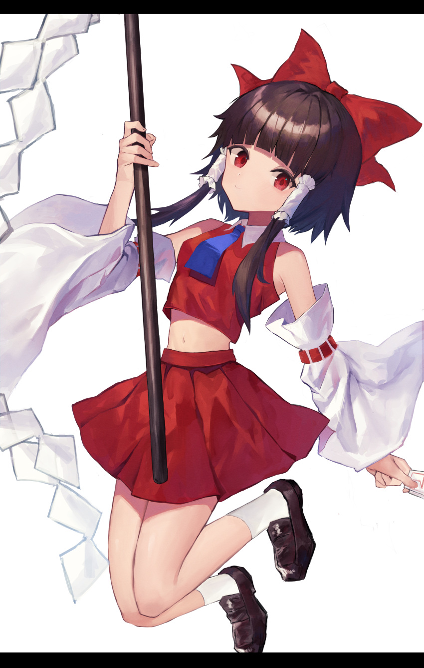 1girl :&gt; absurdres bangs blunt_bangs bow breasts detached_sleeves eyebrows_hidden_by_hair full_body gohei hair_bow hair_tubes hakurei_reimu highres holding holding_stick leste_(humansequencer) letterboxed light_blush midriff navel red_bow red_eyes red_skirt ribbon-trimmed_sleeves ribbon_trim shoes skirt small_breasts solo stick touhou wide_sleeves