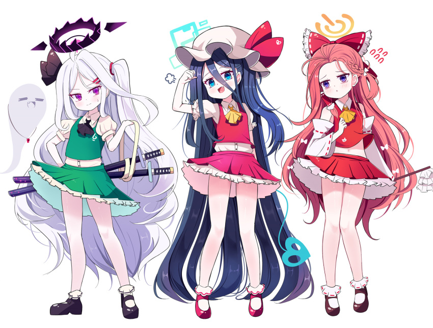 3girls :d absurdly_long_hair alternate_costume aris_(blue_archive) ascot bangs black_hair blue_archive blue_eyes braid commentary_request cosplay detached_sleeves flandre_scarlet flandre_scarlet_(cosplay) forehead frilled_skirt frills full_body ghost gohei hair_between_eyes hair_ornament hair_ribbon hair_tubes hairclip hakurei_reimu hakurei_reimu_(cosplay) halo hat highres hina_(blue_archive) hina_(swimsuit)_(blue_archive) holding holding_bandages holding_gohei holding_weapon katana konpaku_youmu konpaku_youmu_(cosplay) konpaku_youmu_(ghost) laevatein_(tail) long_hair long_sleeves looking_at_viewer mary_janes multiple_girls navel nontraditional_miko one_side_up parted_bangs redhead ribbon ribbon-trimmed_sleeves ribbon_trim shoes short_sleeves sidelocks simple_background single_braid skirt smile socks sseopik standing stomach sword tail touhou very_long_hair vest violet_eyes weapon whistle whistle_around_neck white_background white_hair white_socks wide_sleeves yuzu_(blue_archive)