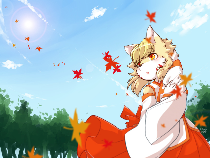 1girl animal_nose arm_up artist_name bangs bare_shoulders blonde_hair blue_sky blush borrowed_character clothing_cutout clouds commentary_request day ehime_mikan_(chikoku_doumei) facial_mark falling_leaves forest furry furry_female hand_on_own_head hand_up holding_own_arm japanese_clothes kimono leaf lens_flare long_sleeves looking_to_the_side looking_up maple_leaf miko nature open_mouth orange_eyes orange_outline original outdoors short_hair shoulder_cutout signature sky snout solo standing sun sunlight swept_bangs tree two-tone_fur whisker_markings white_fur white_kimono wide_sleeves yellow_fur yun-chan_(kame_(3t))