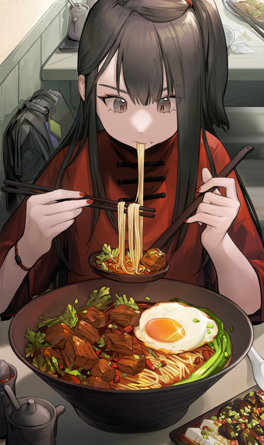1girl absurdres backpack bag bangs beef bowl brown_eyes brown_hair china_dress chinese_clothes chopsticks commentary_request coney dress eating egg_(food) elbows_on_table food food_focus fried_egg hair_behind_ear hair_bun highres holding holding_spoon indoors long_hair looking_at_food looking_down nail_polish napkin noodles original plate pov_across_table ramen red_nails single_hair_bun sitting sleeves_past_elbows solo spoon table vegetable