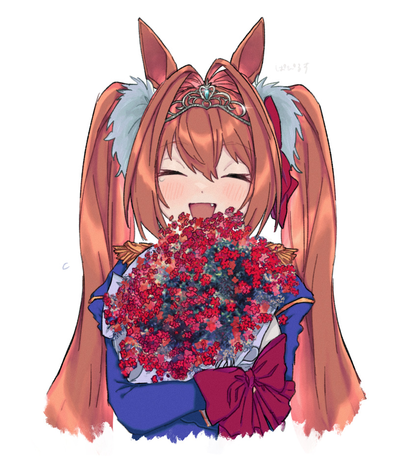 1girl animal_ears bangs blue_jacket blush bouquet brown_hair closed_eyes daiwa_scarlet_(umamusume) epaulettes facing_viewer fang flower hair_intakes highres holding holding_bouquet horse_ears jacket long_hair long_sleeves open_mouth pprs08 smile solo tiara translation_request twintails umamusume upper_body