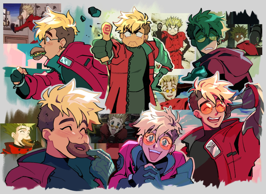 1boy blonde_hair blue_eyes blush coat doughnut earrings eating food food_in_mouth glasses grey_background highres jewelry male_focus mole open_mouth photo-referenced ragnarozzy red_coat sandwich shaded_face short_hair simple_background smile spiky_hair sunglasses thumbs_up trigun trigun_stampede undercut vash_the_stampede