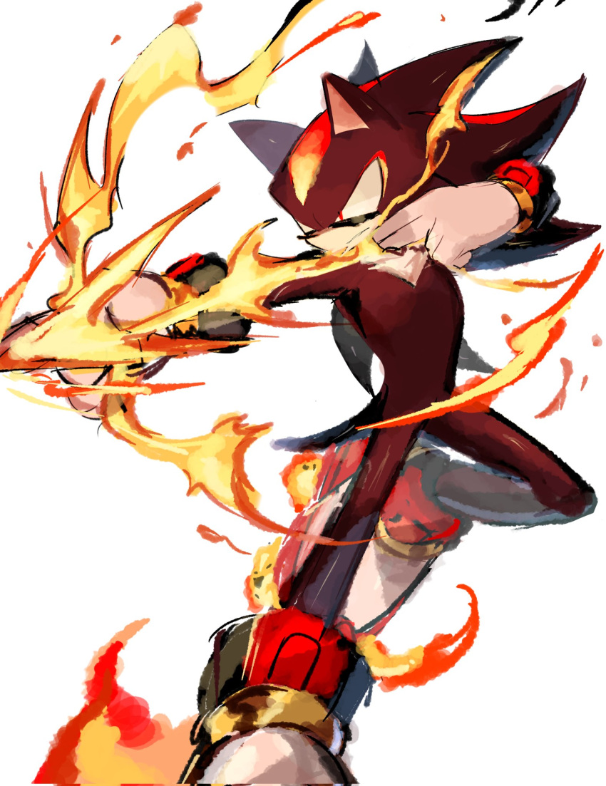 1boy angry animal_ears black_hair bow fire full_body furry furry_male gloves highres looking_to_the_side male_focus multicolored_hair red_eyes redhead shadow_the_hedgehog shoes solo solo_focus sonic_(series) tail usa37107692 weapon white_background white_gloves
