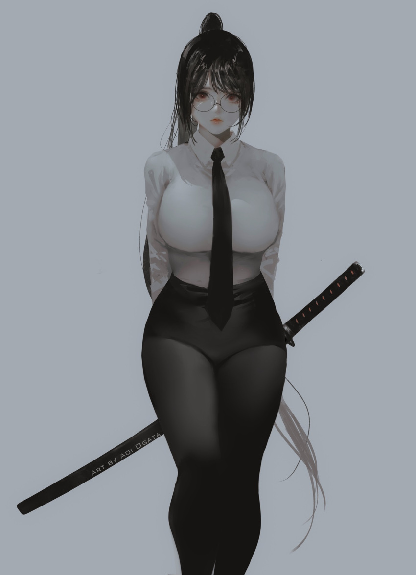 1girl aoi_ogata artist_name black-framed_eyewear black_hair black_necktie black_pants breasts clip_studio_paint_(medium) collared_shirt commentary english_commentary glasses grey_background groin highres katana large_breasts long_hair looking_at_viewer necktie original pants round_eyewear sheath sheathed shirt simple_background solo standing sword very_long_hair weapon white_shirt