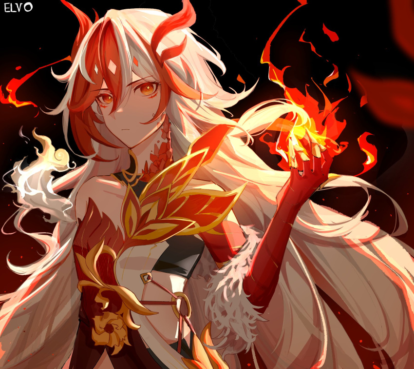 1girl artist_name bangs bare_shoulders breasts chinese_clothes closed_mouth elvo-.-_(ugo62847033) eyebrows_hidden_by_hair fire fu_hua highres holding honkai_(series) honkai_impact_3rd long_hair looking_at_viewer simple_background small_breasts solo upper_body white_hair