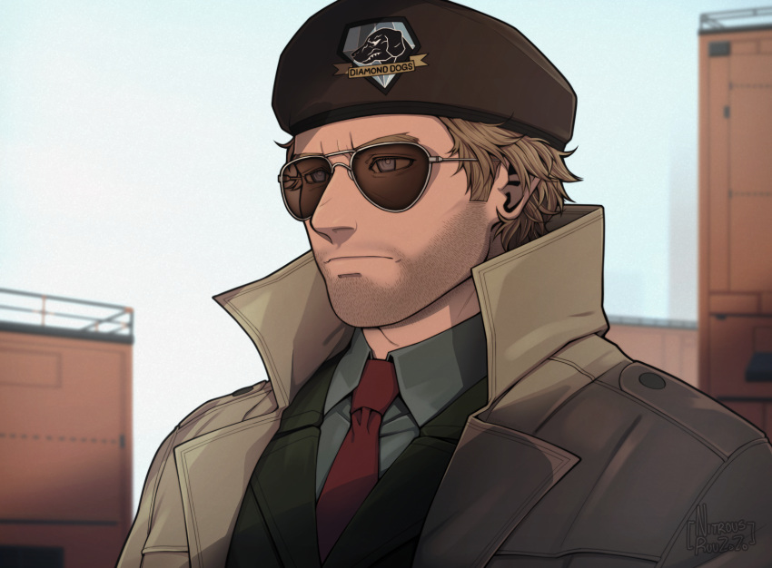 1boy aviator_sunglasses bags_under_eyes beret black_headwear brown_hair coat collared_shirt commentary diamond_dogs english_commentary expressionless facial_hair green_jacket grey-framed_eyewear hat highres jacket kazuhira_miller male_focus metal_gear_(series) metal_gear_solid_v:_the_phantom_pain military military_uniform necktie nitrous_ruu nose overcoat popped_collar red_necktie shirt short_hair solo stubble sunglasses trench_coat uniform