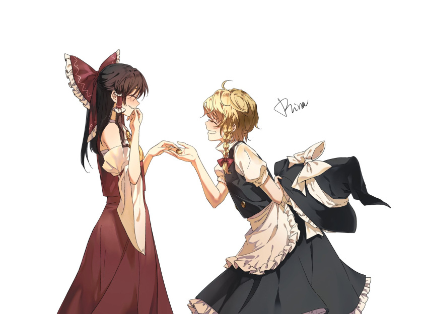 2girls ahoge aihara-rina alternate_hairstyle apron artist_name ascot black_headwear black_skirt blush bow braid breasts buttons closed_eyes covering_mouth dress frilled_apron frilled_bow frilled_hair_tubes frilled_skirt frills hair_tubes hakurei_reimu half_updo hat hat_removed headwear_removed highres kirisame_marisa leaning_forward long_hair long_skirt multiple_girls puffy_short_sleeves puffy_sleeves red_bow red_dress red_vest short_hair short_sleeves single_braid skirt small_breasts smile teeth touhou vest waist_apron white_bow wide_sleeves witch_hat yellow_ascot