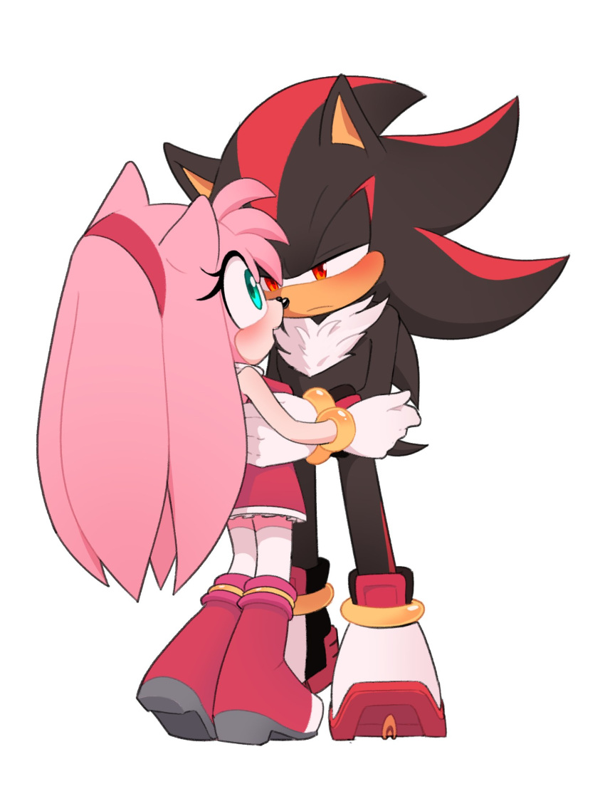 1boy 1girl alternate_eye_color amy_rose animal_ears animal_nose aqua_eyes back bare_shoulders black_fur blush body_fur boots bracelet breasts closed_mouth dress eyelashes full_body furry furry_female furry_male gloves gold_bracelet hairband half-closed_eyes hands_up hedgehog hedgehog_ears hedgehog_girl hedgehog_tail hetero high_heels highres jewelry looking_at_another medium_breasts open_mouth pink_dress pink_fur red_eyes red_footwear red_fur red_hairband shadow_the_hedgehog simple_background sleeveless sleeveless_dress smile sonic_(series) standing tail teeth thigh-highs toonsite two-tone_fur white_background white_footwear white_gloves white_thighhighs