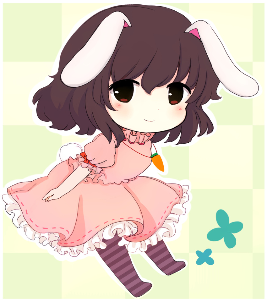 1girl animal_ears bangs black_eyes blue_flower blush bow brown_hair brown_pantyhose carrot_necklace checkered_background chibi closed_mouth commentary dress flower frills full_body green_background hair_between_eyes highres inaba_tewi jewelry looking_away multicolored_background necklace no_shoes pantyhose pink_dress puffy_short_sleeves puffy_sleeves purple_pantyhose rabbit_ears rabbit_tail red_bow rei_(tonbo0430) short_hair short_sleeves smile solo standing striped striped_pantyhose tail touhou yellow_background