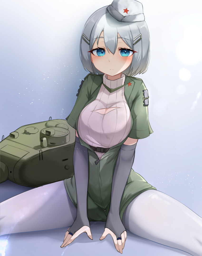 1girl absurdres blue_eyes blush breasts cleavage_cutout clothing_cutout daebom detached_sleeves garrison_cap gloves ground_vehicle hat highres large_breasts looking_at_viewer military military_vehicle motor_vehicle non-web_source open_clothes pantyhose personification red_star simple_background sitting source_request sweater t-34 t-34-85 tank thigh-highs war_thunder white_hair