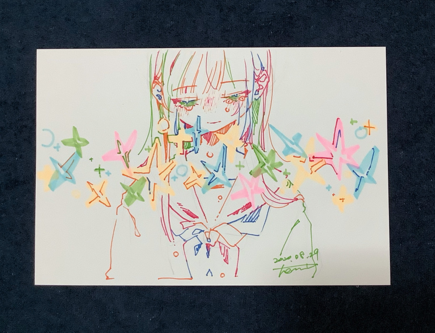 1girl absurdres bangs closed_mouth colorful crying crying_with_eyes_open dated facing_viewer highres long_hair looking_down marker_(medium) neckerchief original pen_(medium) sailor_collar sailor_shirt school_uniform serafuku shirt signature simple_background solo sparkle star_(symbol) tears traditional_media upper_body watanabe_tomari white_background