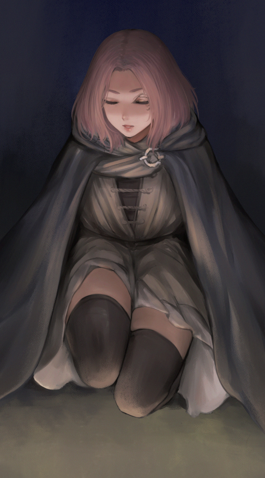 1girl absurdres black_cape black_thighhighs brown_hair cape closed_eyes commentary_request dress elden_ring facial_tattoo forehead grey_dress highres hood hood_down hooded_cape kneeling lips melina_(elden_ring) nyatokanyaru parted_lips pink_lips short_hair solo tattoo thigh-highs zettai_ryouiki