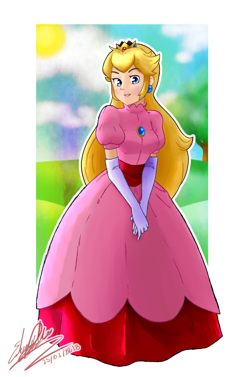 1girl absurdres blonde_hair blue_eyes breasts crown dress earrings elbow_gloves fross2art gloves highres jewelry long_hair pink_dress princess_peach solo super_mario_bros. white_gloves