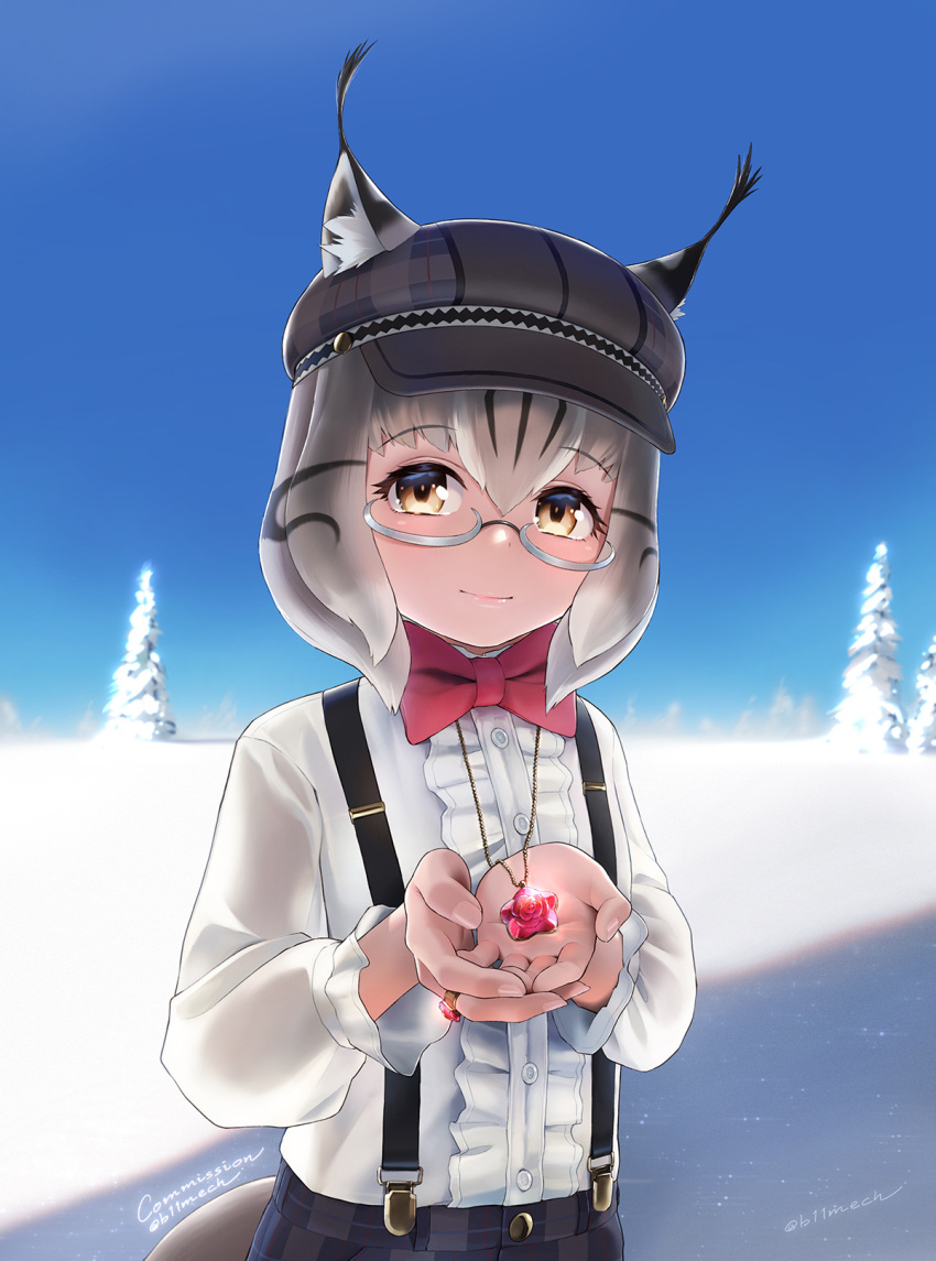 1girl animal_ear_fluff animal_ears bangs beleven black_hair bow bowtie buttons center_frills closed_mouth commission day ears_through_headwear eurasian_lynx_(kemono_friends) frills glasses grey-framed_eyewear grey_hair hair_between_eyes hat highres holding jewelry kemono_friends long_sleeves looking_at_viewer lynx_ears medium_hair multicolored_hair outdoors pendant pixiv_commission red_bow red_bowtie ring semi-rimless_eyewear shirt smile snow solo suspenders tail twitter_username under-rim_eyewear upper_body white_shirt yellow_eyes
