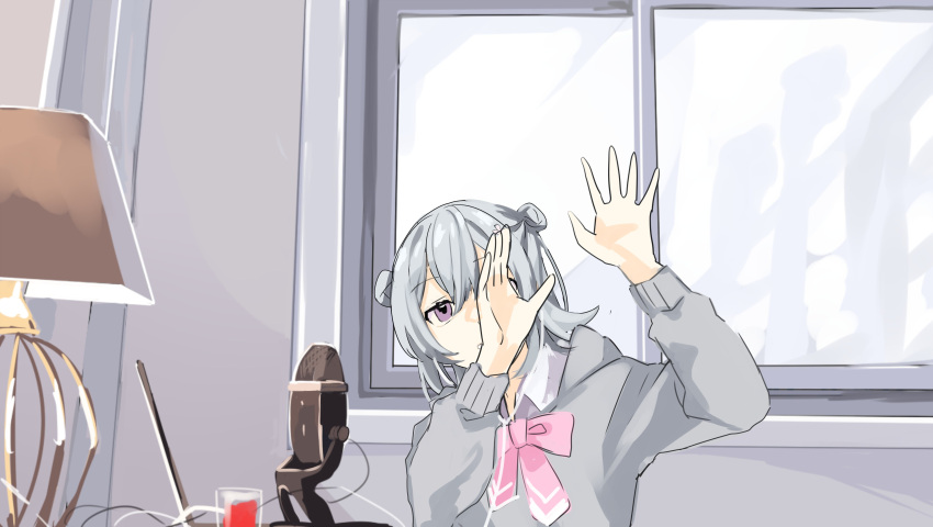 1girl 2ch absurdres arms_up bangs bow bowtie cevio collared_shirt computer cup desk_lamp desk_microphone double_bun drinking_glass grey_hair grey_hoodie hair_bun hand_over_face highres hood hoodie indoors koharu_rikka lamp laptop long_sleeves medium_hair microphone nishimura_hiroyuki_(2ch) pink_bow pink_bowtie shirt sitting solo synthesizer_v toudou_charo upper_body violet_eyes white_shirt window