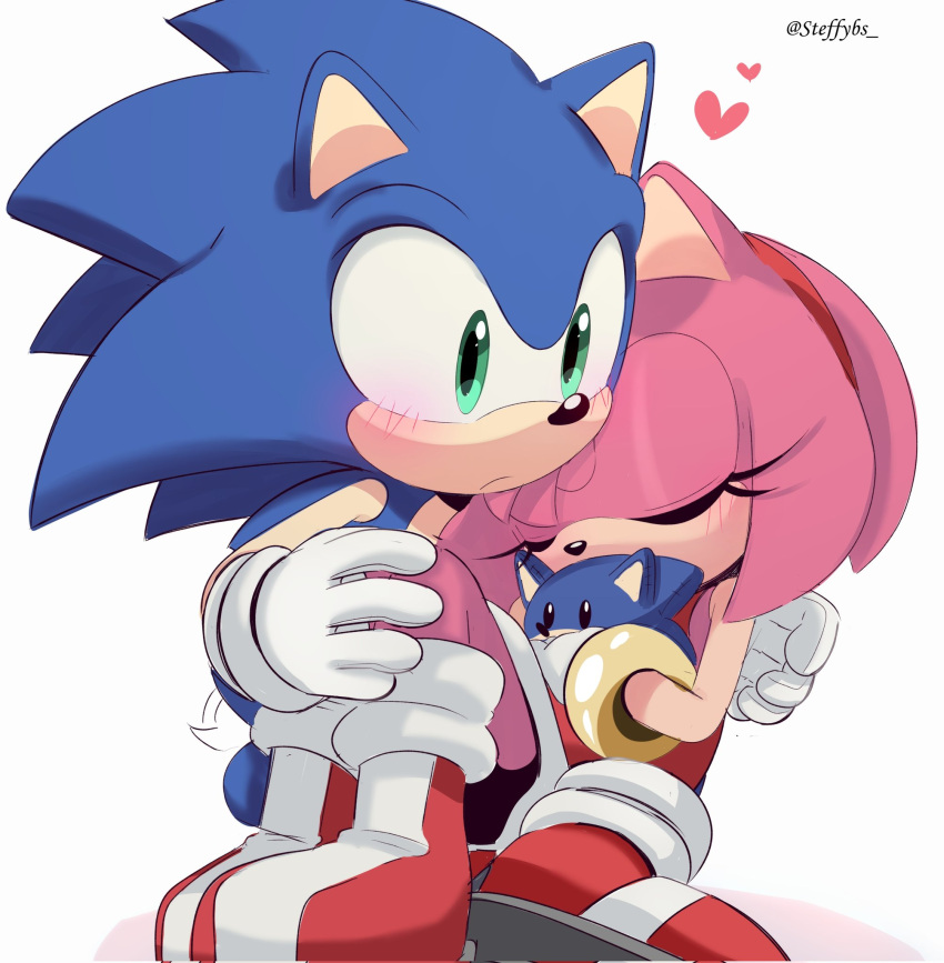 1boy 1girl amy_rose animal_ears animal_nose artist_name bare_shoulders blue_fur blush boots bracelet character_doll closed_eyes closed_mouth covered_mouth doll dress english_commentary eyelashes furry furry_female furry_male gloves gold_bracelet green_eyes hairband hands_up heart hedgehog hedgehog_ears hedgehog_tail hetero highres holding holding_doll hug jewelry looking_away pink_fur red_dress red_footwear red_hairband shadow shoes simple_background sitting sitting_on_person sleeping sleeveless sleeveless_dress sneakers socks sonic_(series) sonic_the_hedgehog steffybs tail white_background white_gloves white_socks