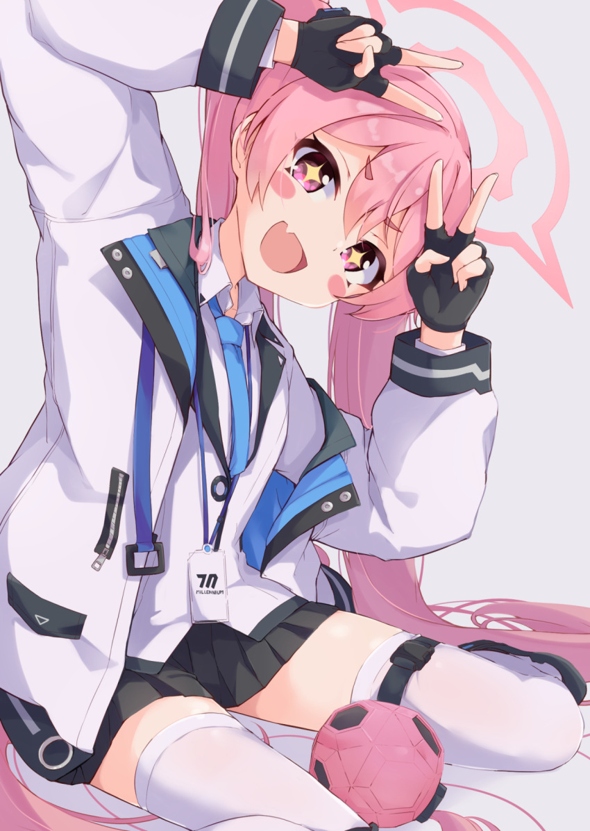 +_+ 1girl arms_up black_gloves black_skirt blue_archive blue_necktie blush collared_shirt double_v fang fingerless_gloves formal gloves grey_background hair_spread_out halo head_tilt highres id_card jacket koyuki_(blue_archive) lanyard long_sleeves necktie open_mouth pink_eyes pink_hair shirt simple_background sitting skin_fang skirt solar_milk solo suit thigh-highs twintails two-sided_fabric two-sided_jacket v wariza white_jacket white_shirt white_suit white_thighhighs zettai_ryouiki