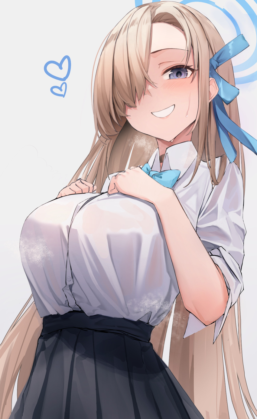 1girl :d asuna_(blue_archive) bangs blue_archive bow bowtie choker collared_shirt commentary_request grey_eyes hair_bow hair_over_one_eye hair_ribbon halo heart highres light_brown_hair long_hair lookhow looking_at_viewer official_alternate_costume pleated_skirt ribbon school_uniform shirt short_sleeves sidelocks simple_background skirt smile solo sweatdrop white_background