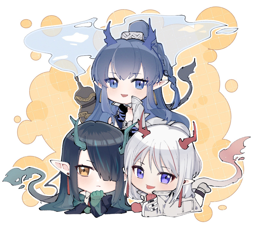 3girls :p :t arknights arm_support black_hair black_jacket blue_eyes blue_hair blue_skin blush border chibi colored_skin dragon_girl dragon_horns dragon_tail dusk_(arknights) earrings gourd gradient_hair green_hair green_skin hair_over_one_eye highres horns jacket jewelry kharu11 ling_(arknights) long_hair lying multicolored_hair multiple_girls necktie nian_(arknights) off_shoulder on_stomach open_mouth pointy_ears ponytail red_necktie red_skin shirt simple_background smoke tail tassel tassel_earrings tongue tongue_out very_long_hair violet_eyes white_background white_jacket white_shirt yellow_background yellow_eyes