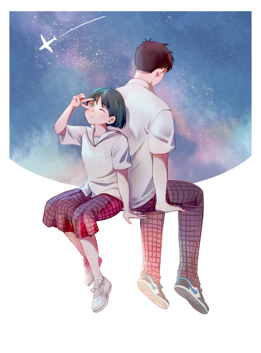 1boy 1girl after_school_lessons_for_unripe_apples aircraft airplane back-to-back black_hair brown_hair brown_pants brown_skirt highres hwang_mi-ae invisible_chair kim_cheol one_eye_closed palettebaibailu pants plaid plaid_pants plaid_skirt school_uniform shirt shoes short_hair sitting skirt sneakers v white_footwear white_shirt