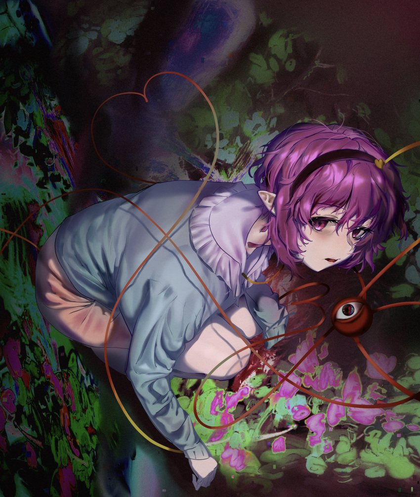 1girl abstract_background bags_under_eyes black_hairband blouse blue_shirt commentary frilled_shirt_collar frills full_body hair_between_eyes hair_ornament hairband heart heart_hair_ornament heart_of_string highres komeiji_satori long_sleeves looking_at_viewer messy_hair parted_lips pink_skirt pointy_ears purple_hair red_eyes rin_reycamoy shirt short_hair skirt solo third_eye touhou violet_eyes