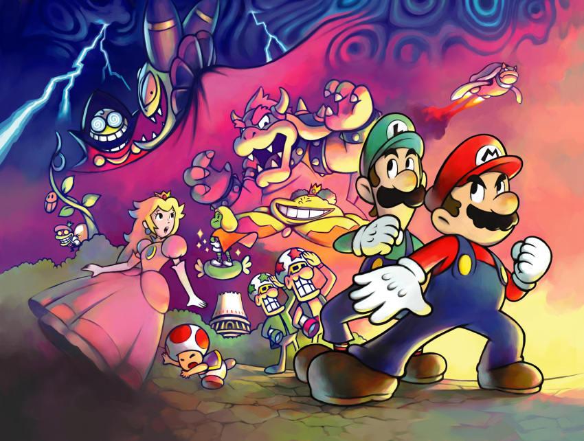 absurdres blonde_hair blue_overalls boots bowser brown_footwear brown_hair cackletta dress facial_hair fawful gloves green_headwear green_shirt hat highres long_hair luigi mario mario_&amp;_luigi:_superstar_saga mario_&amp;_luigi_rpg official_art open_mouth overalls pink_dress popple princess_peach queen_bean sharp_teeth shirt super_mario_bros. teeth toad_(mario) white_gloves