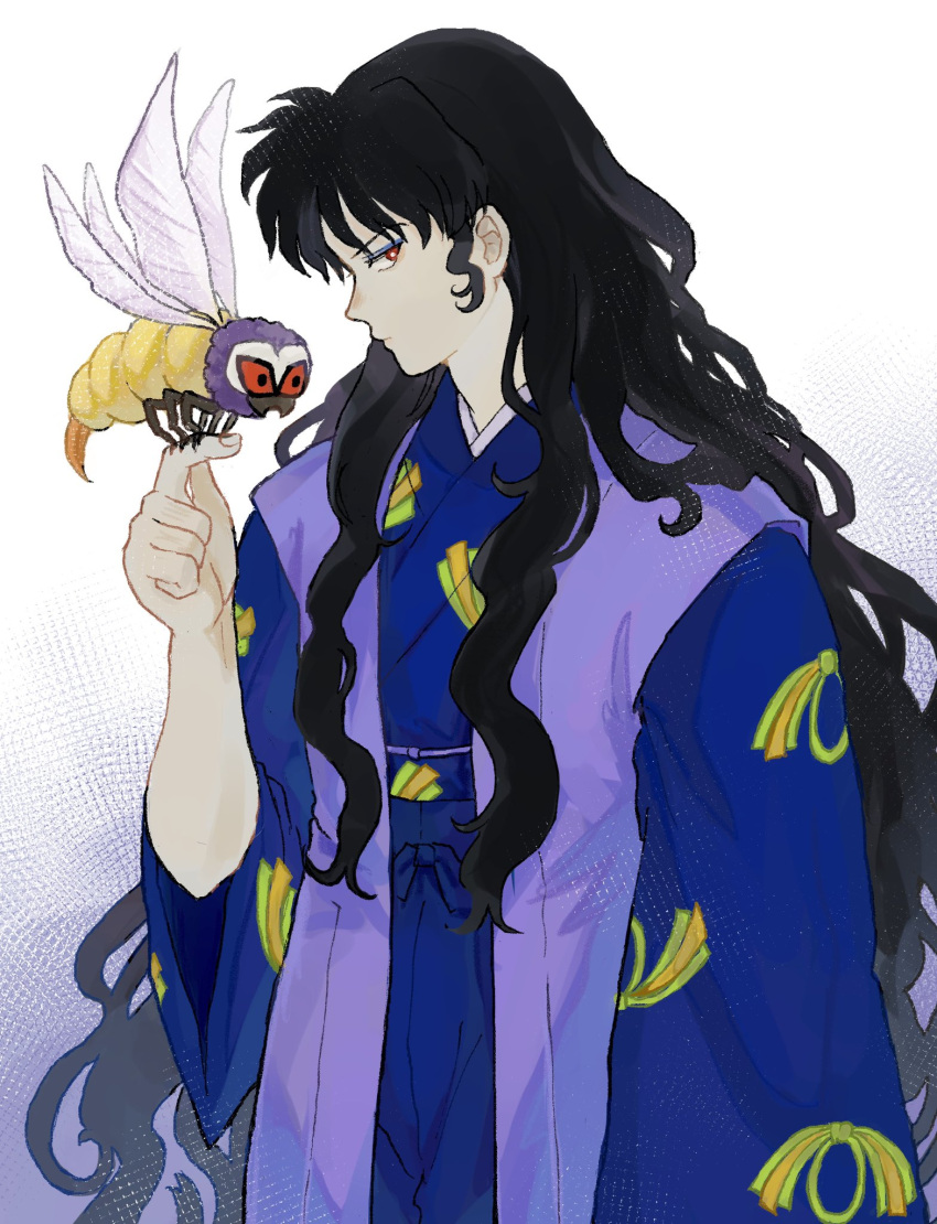 1boy black_hair blue_kimono bug eyeliner highres insect_on_finger insect_wings inuyasha japanese_clothes kimono long_hair long_sleeves looking_at_viewer looking_to_the_side makeup male_focus naraku_(inuyasha) red_eyes stinger very_long_hair white_background wide_sleeves wings zuchi_wan