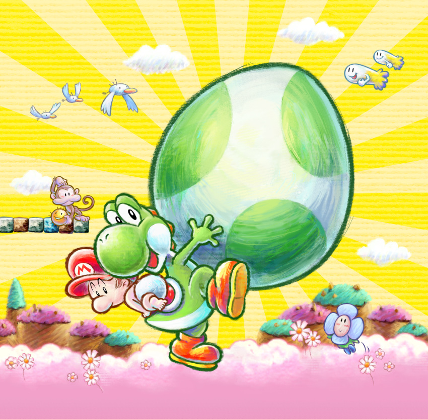 absurdres baby_mario boots brown_footwear clouds crazee_dayzee flower goonie hat highres official_art outdoors red_headwear super_mario_bros. yellow_sky yoshi yoshi's_new_island yoshi_egg