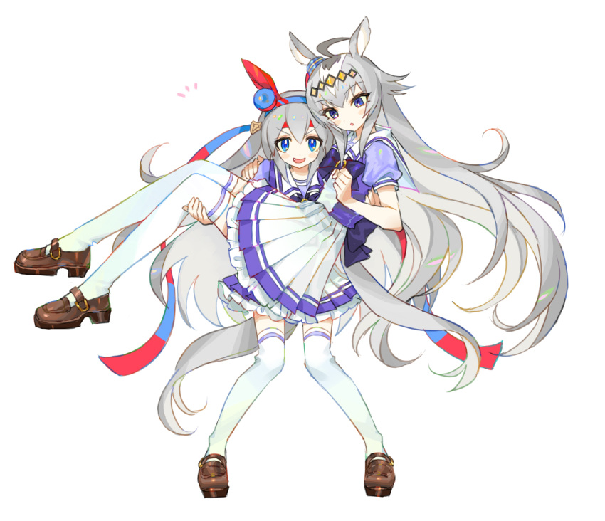 2girls ahoge animal_ears blue_eyes blush bow bowtie brown_footwear carrying didi_(whaqlrpwjd) fang full_body grey_hair hair_ornament hairband hand_on_another's_shoulder headband horse_ears horse_girl horse_tail long_hair looking_at_viewer multiple_girls notice_lines oguri_cap_(umamusume) open_mouth princess_carry purple_shirt sailor_collar school_uniform shirt shoes short_sleeves simple_background skirt smile standing tail tamamo_cross_(umamusume) thigh-highs tracen_school_uniform umamusume v-shaped_eyebrows white_background white_skirt white_thighhighs