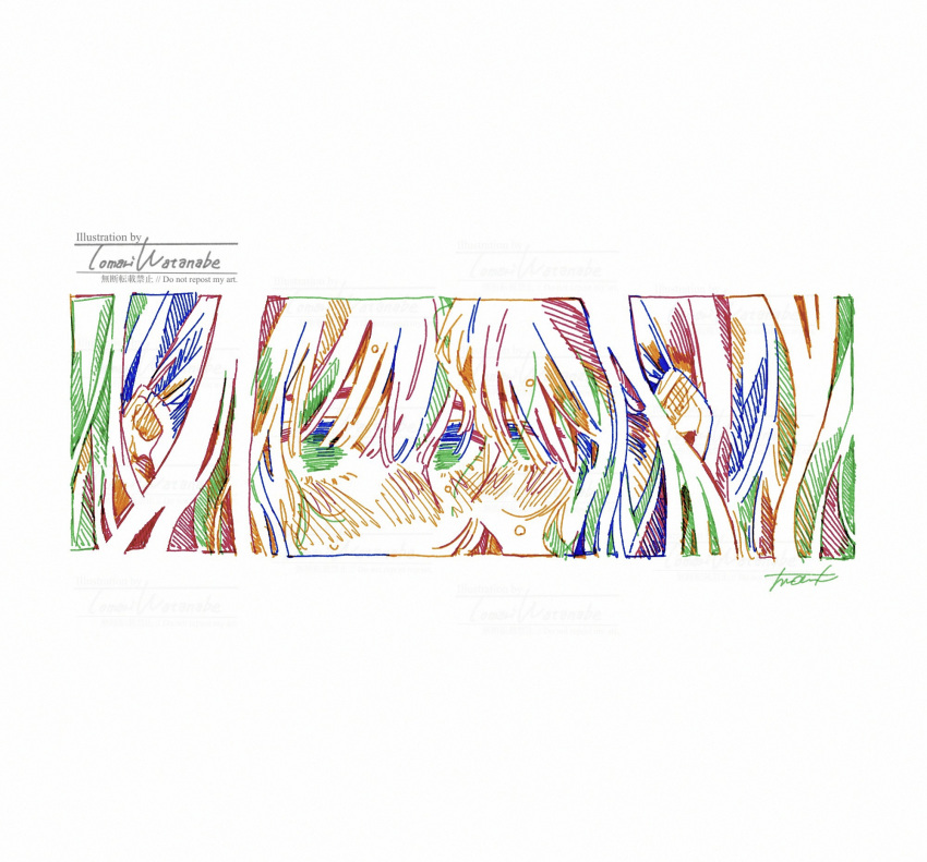 2girls artist_name bangs border close-up colorful commentary_request face-to-face hatching_(texture) highres long_bangs long_hair looking_at_another multiple_girls original pen_(medium) signature watanabe_tomari watermark white_border yuri