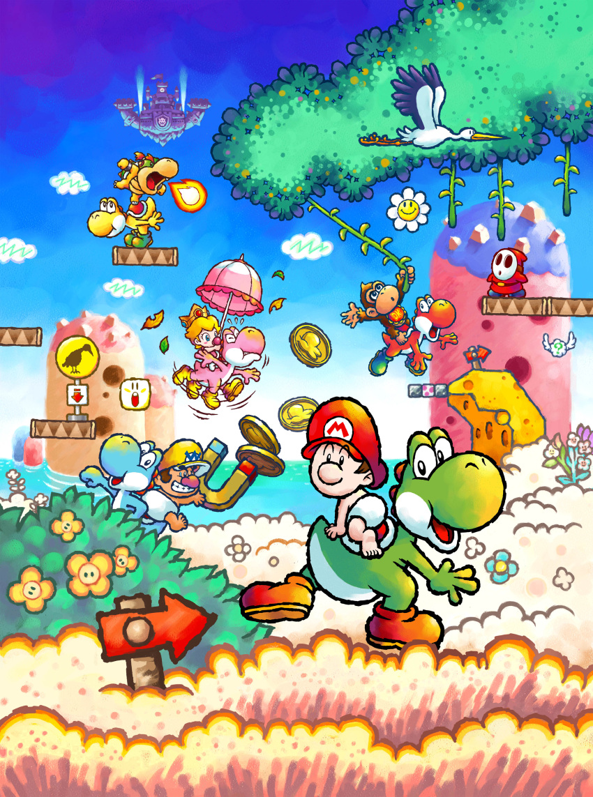 absurdres baby_bowser baby_donkey_kong baby_mario baby_peach baby_wario bird blue_sky boots brown_footwear coin crown diaper fireball flower green_footwear hat highres magnet official_art open_mouth parasol plant red_headwear shy_guy sky stork super_mario_bros. teeth umbrella vines yellow_footwear yellow_headwear yoshi yoshi's_island_ds