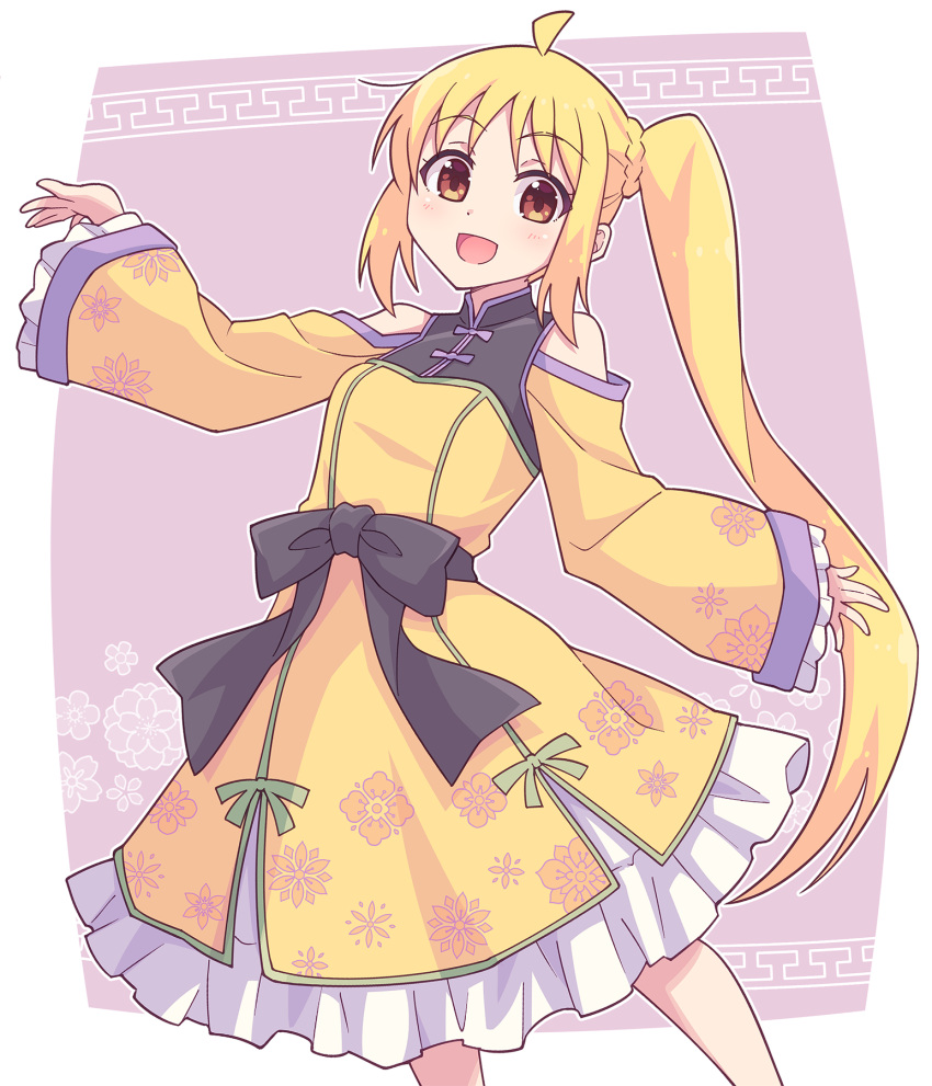 1girl :d black_bow blonde_hair blush bocchi_the_rock! bow braid breasts brown_eyes china_dress chinese_clothes clothing_cutout dress e20 frilled_dress frilled_sleeves frills highres ijichi_nijika long_hair long_sleeves looking_at_viewer purple_background shoulder_cutout side_ponytail sidelocks small_breasts smile solo two-tone_background very_long_hair white_background wide_sleeves yellow_dress