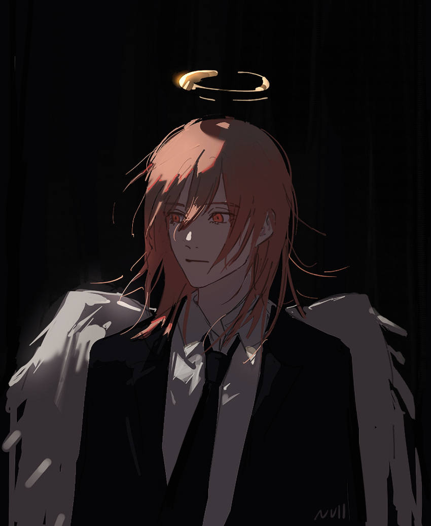 1boy angel angel_devil_(chainsaw_man) angel_wings black_background black_jacket black_necktie brown_eyes brown_hair chainsaw_man collared_shirt dark_background formal halo highres jacket looking_to_the_side medium_hair necktie null_(skev7724) shirt simple_background solo suit suit_jacket white_shirt white_wings wings