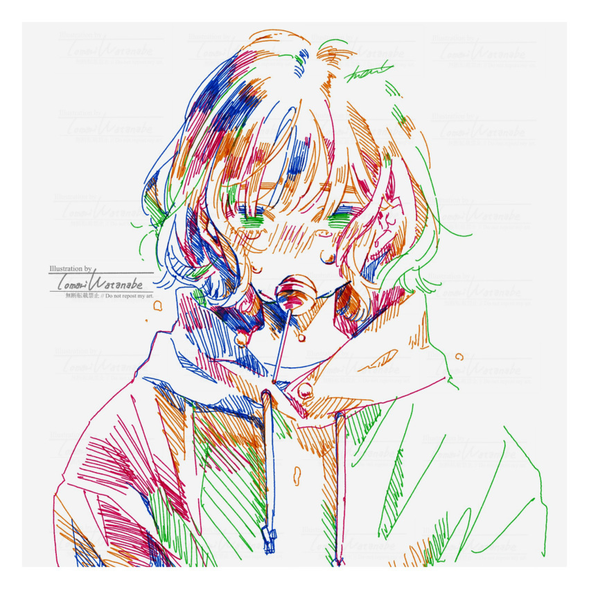 1girl artist_name bangs candy commentary_request drawstring food hatching_(texture) highres hood hood_down hoodie lollipop looking_at_viewer mouth_hold original pen_(medium) short_hair signature simple_background solo straight-on traditional_media upper_body watanabe_tomari water_drop watermark white_background