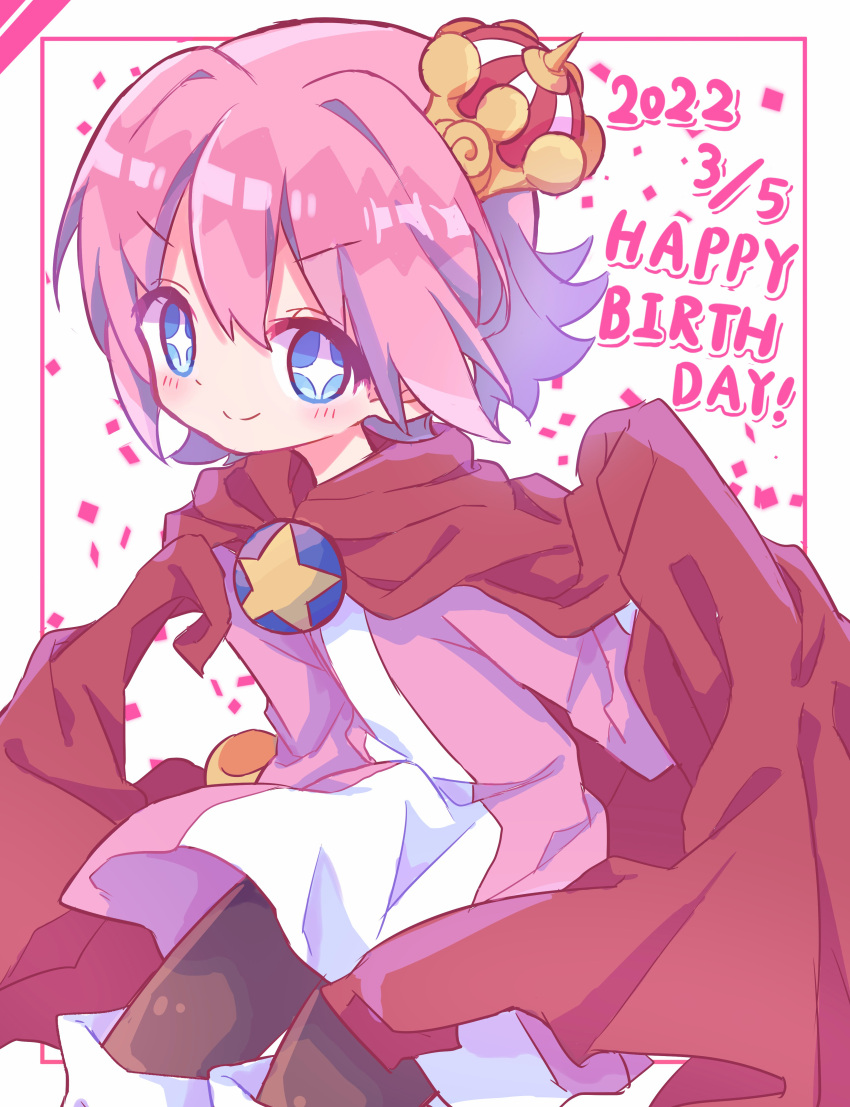 1boy 2022 absurdres bangs blue_eyes blush cape crown futaba969649 gloves happy_birthday highres long_sleeves looking_at_viewer mini_crown ocean_prince pink_hair puyopuyo red_cape solo star_(symbol) white_background